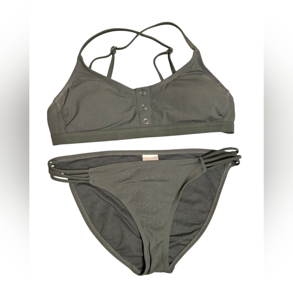 Xhilaration Juniors Olive Green Ribbed Hipster Swim Bottoms and Top Size M